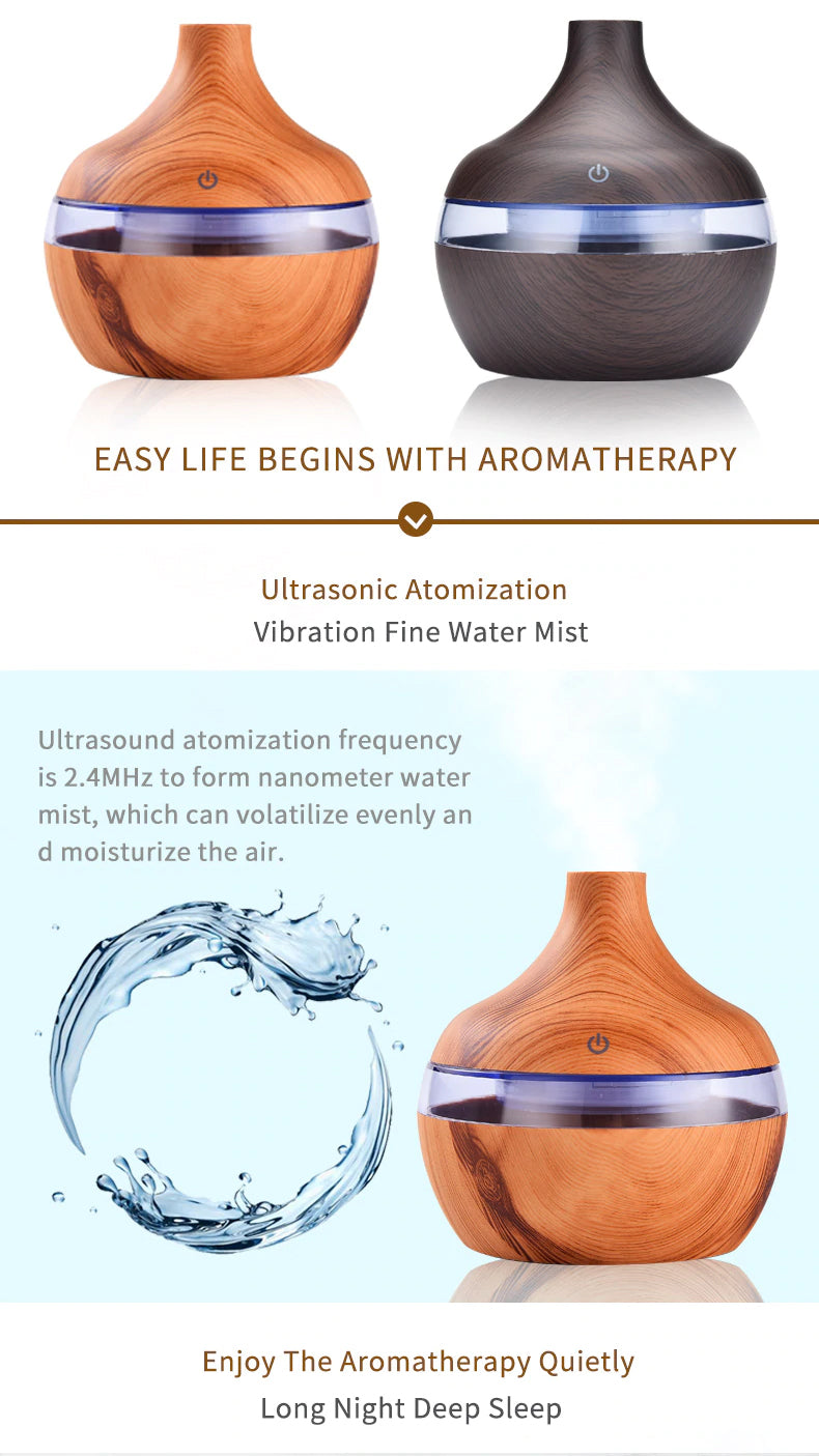 Aromatherapy Essential Oil USB Electric Oil Diffuser Ultrasonic Air Humidifier Wood Grain Mini Mist Maker Bedside LED Light