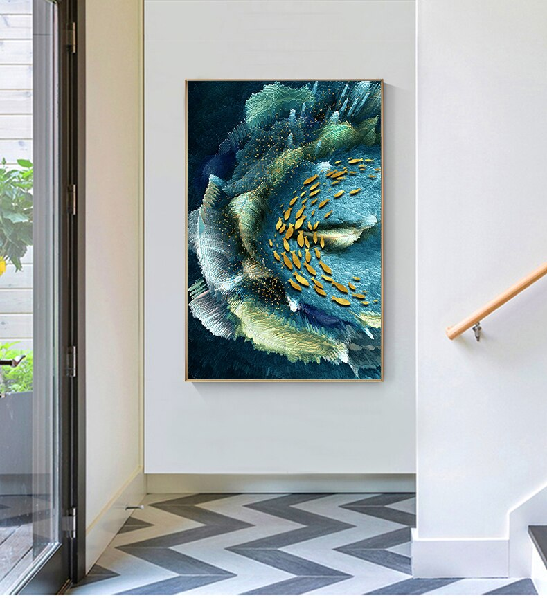 Auspicious Abstract Wall Art Golden Fish Deep Blue Green Sea Fine Art Canvas Prints Luxury Wall Art Pictures for Living Room Home Office Decor