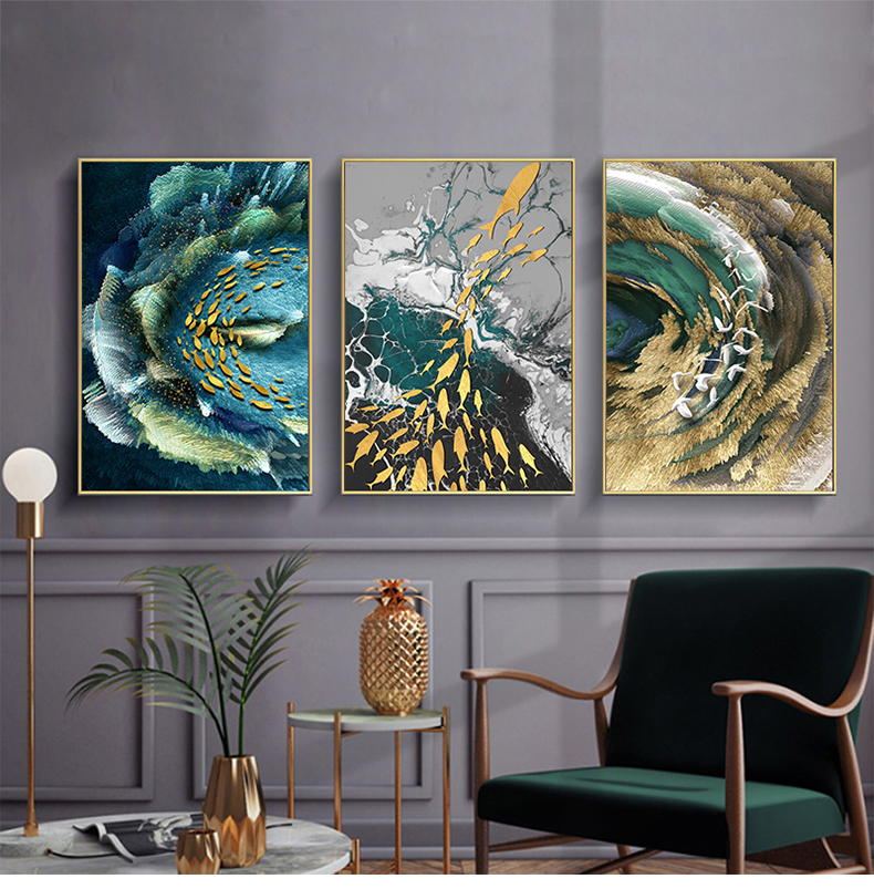 Auspicious Abstract Wall Art Golden Fish Deep Blue Green Sea Fine Art Canvas Prints Luxury Wall Art Pictures for Living Room Home Office Decor