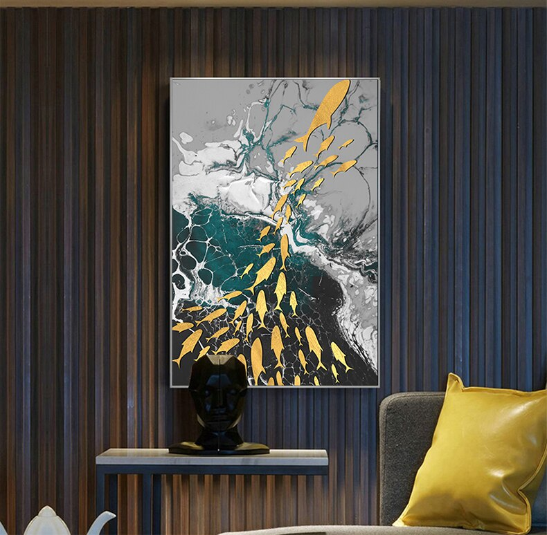 Auspicious Abstract Wall Art Golden Fish Deep Blue Green Sea Fine Art Canvas Prints Luxury Wall Art Pictures for Living Room Home Office Decor