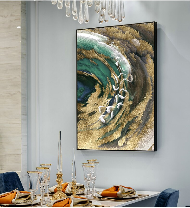 Auspicious Abstract Wall Art Golden Fish Deep Blue Green Sea Fine Art Canvas Prints Luxury Wall Art Pictures for Living Room Home Office Decor