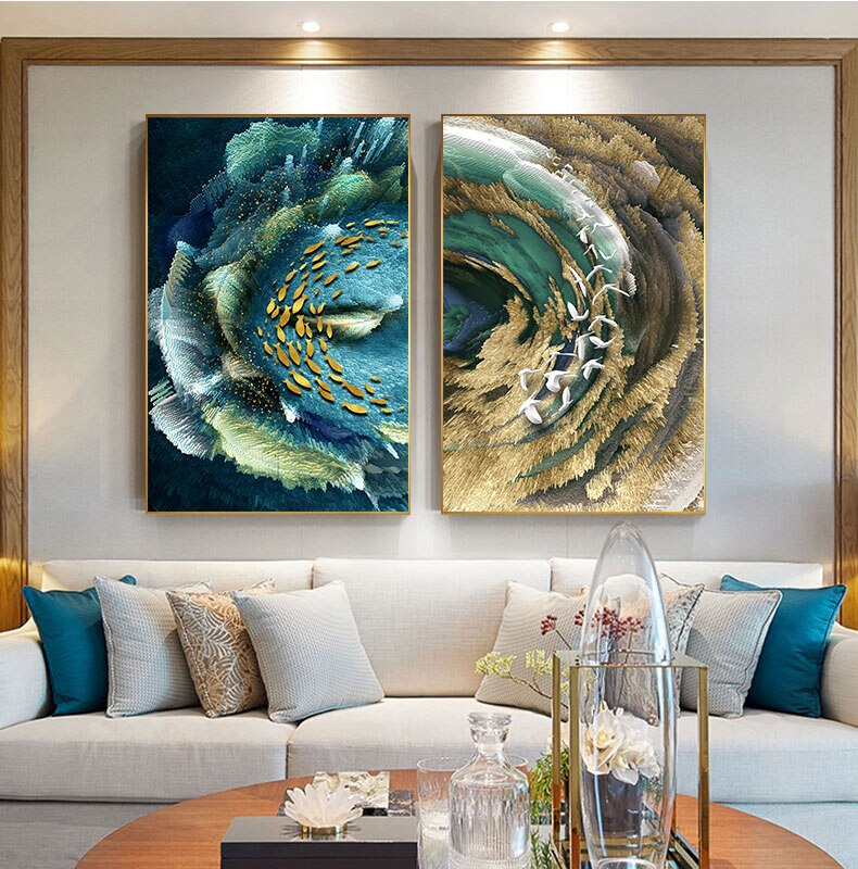 Auspicious Abstract Wall Art Golden Fish Deep Blue Green Sea Fine Art Canvas Prints Luxury Wall Art Pictures for Living Room Home Office Decor