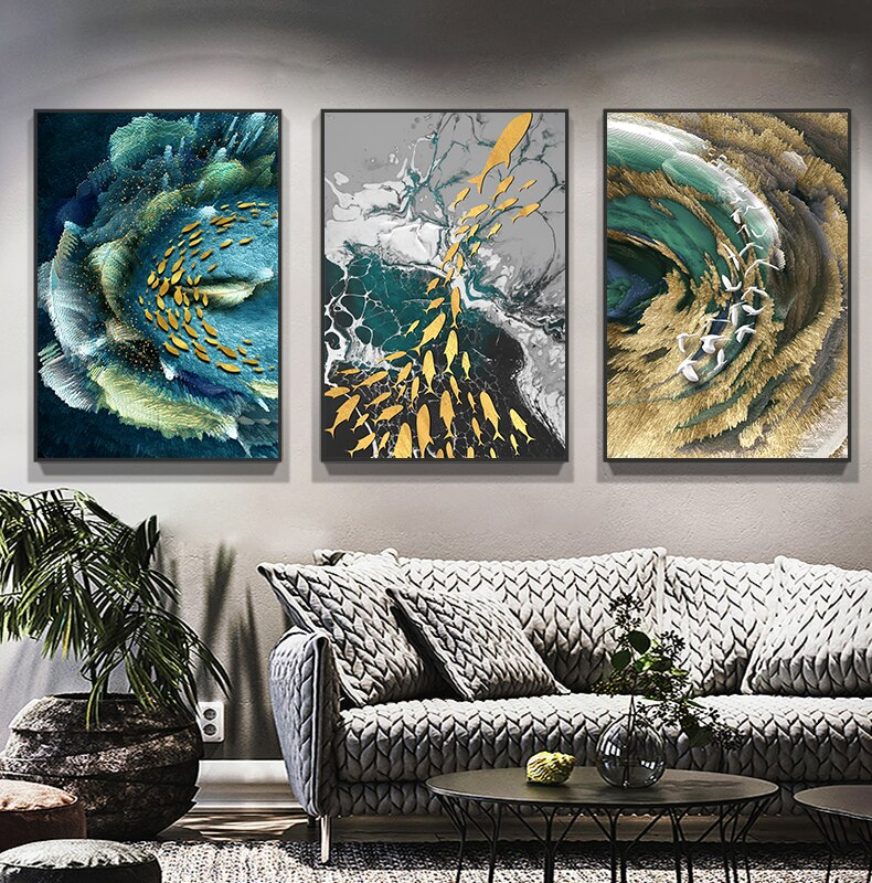 Auspicious Abstract Wall Art Golden Fish Deep Blue Green Sea Fine Art Canvas Prints Luxury Wall Art Pictures for Living Room Home Office Decor