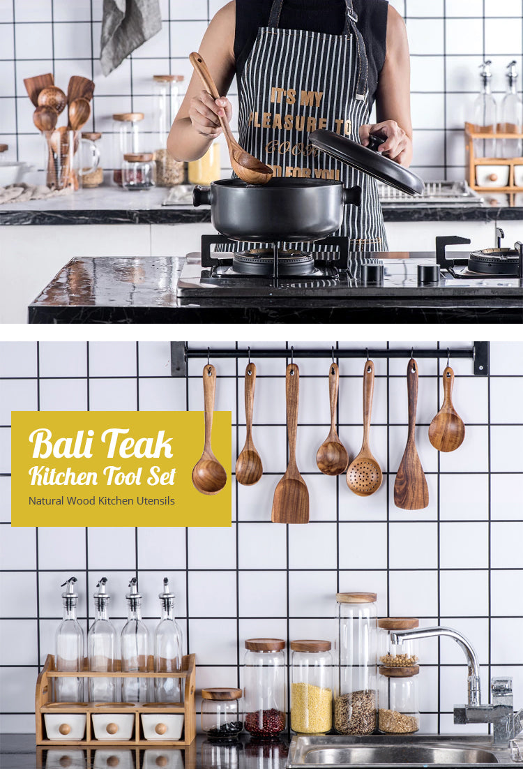 Bali Teak Handmade Natural Wood Kitchen Utensil Tableware Tool Set Cooking Baking Mixing Spoon Ladle Rice Colander Soup Skimmer