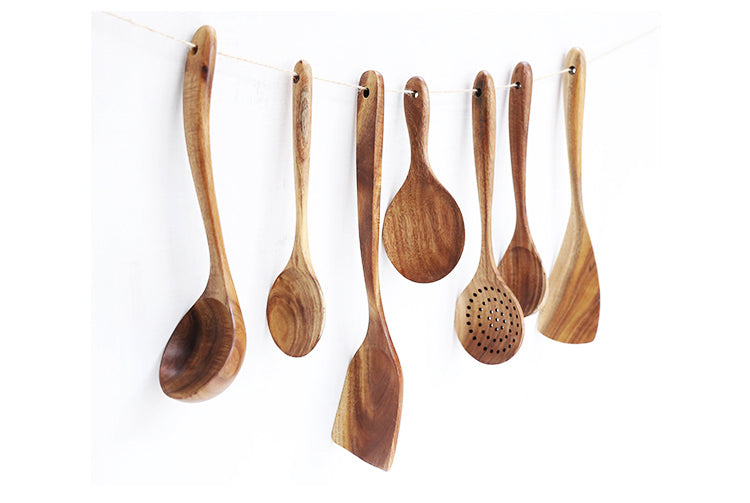 Bali Teak Handmade Natural Wood Kitchen Utensil Tableware Tool Set Cooking Baking Mixing Spoon Ladle Rice Colander Soup Skimmer