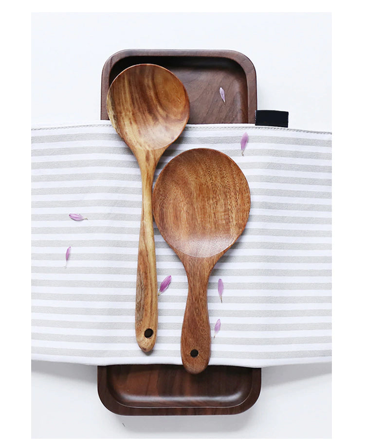 Bali Teak Handmade Natural Wood Kitchen Utensil Tableware Tool Set Cooking Baking Mixing Spoon Ladle Rice Colander Soup Skimmer