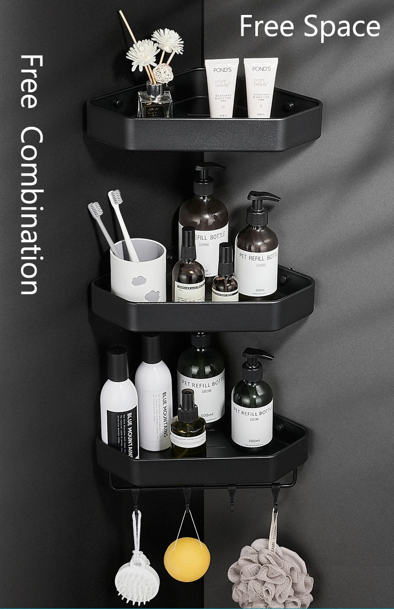 Bathroom Corner Shelf Modern Aluminum Single Tier Bathroom Racking Space Organizer For Convenient Storage Of Cosmetics etc Black/Matte/Gray