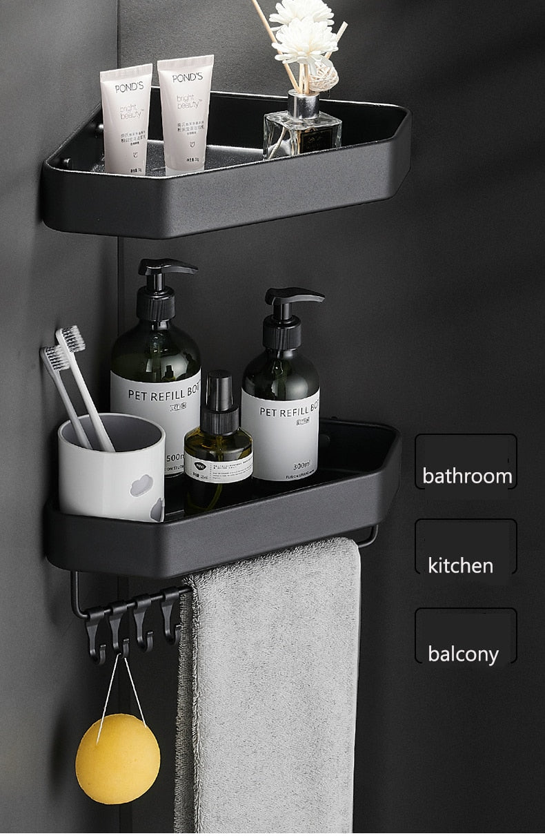 Bathroom Corner Shelf Modern Aluminum Single Tier Bathroom Racking Space Organizer For Convenient Storage Of Cosmetics etc Black/Matte/Gray