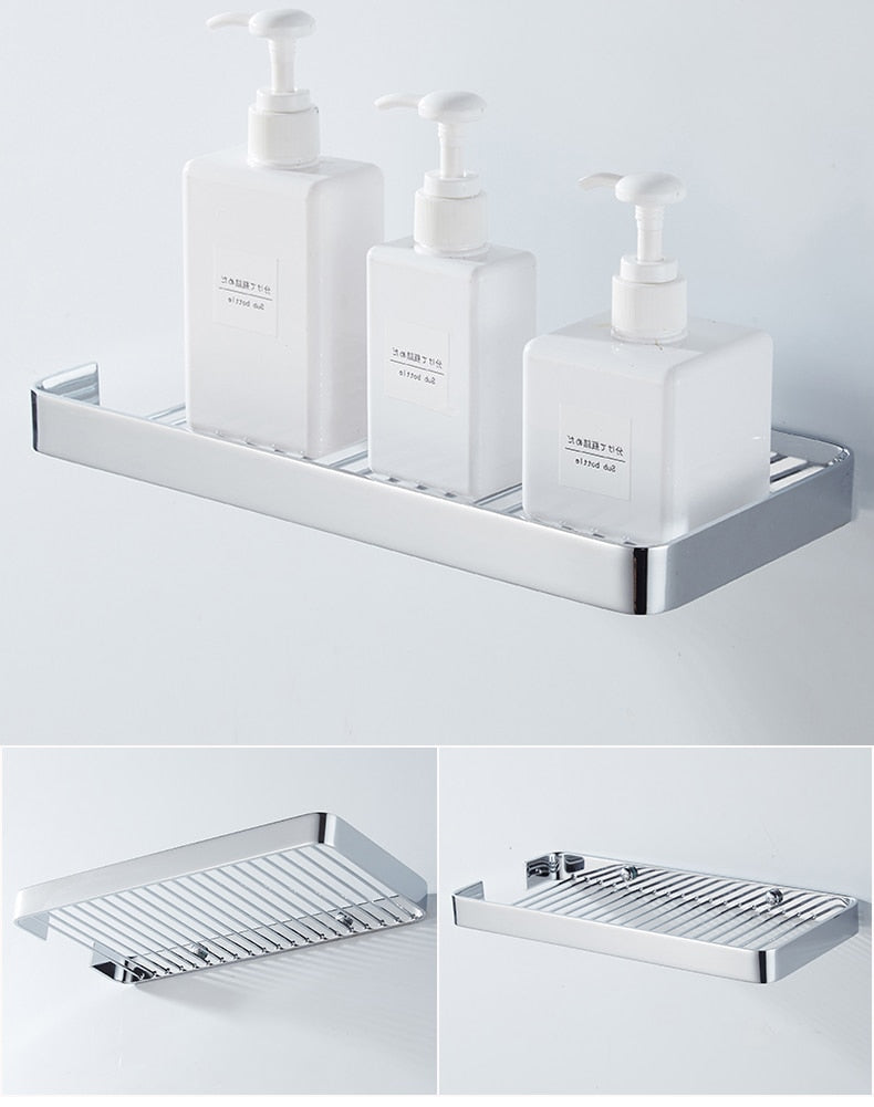 Bathroom Shelf Shower Rack Square Grill Design Curved Edges Minimalist Shelving For Washroom Bathroom Cosmetics Storage Shelf 300mm in 4 Colors