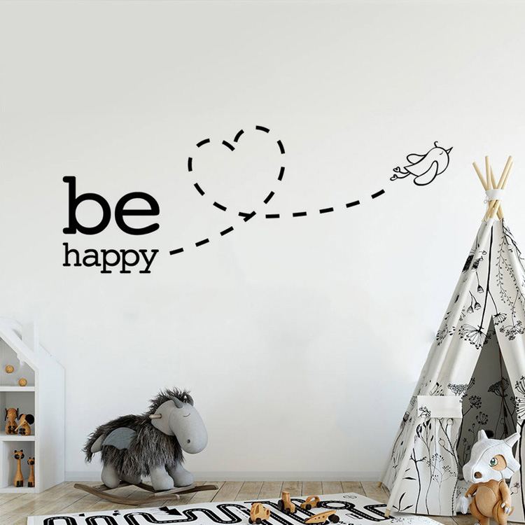 Be Happy Wall Sticker Cute Flying Bird Love Heart Wall Decal For Nursery Room Kids Bedroom Wall Decals Cute Removable PVC Wall Stickers
