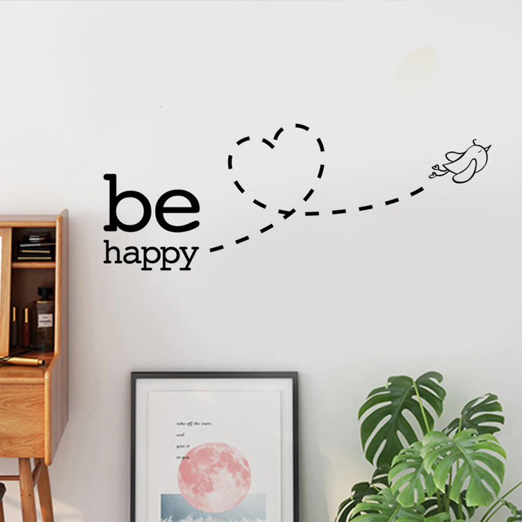 Be Happy Wall Sticker Cute Flying Bird Love Heart Wall Decal For Nursery Room Kids Bedroom Wall Decals Cute Removable PVC Wall Stickers