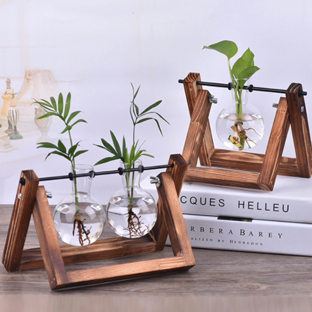 Beautiful Terrarium Hanging Glass Plant Vases Desktop Hydroponic Flower Hanging Pots With Wooden Tray Clear Glass House Plant Decor