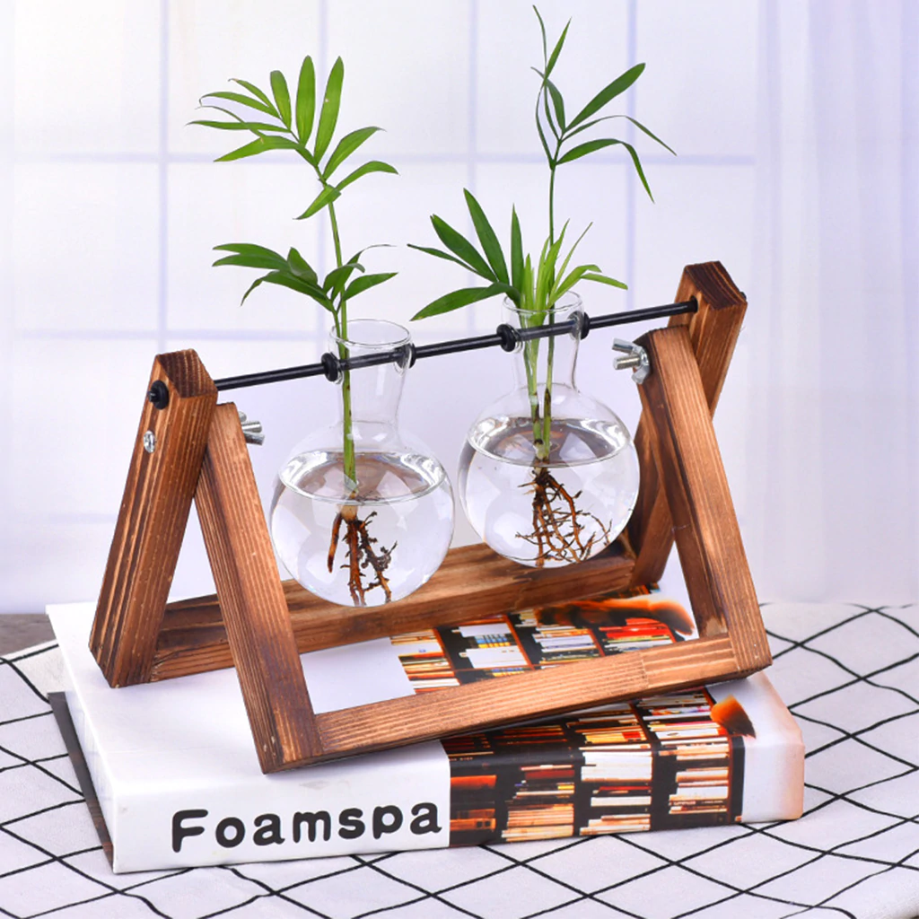 Beautiful Terrarium Hanging Glass Plant Vases Desktop Hydroponic Flower Hanging Pots With Wooden Tray Clear Glass House Plant Decor
