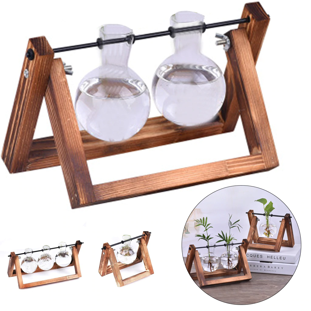 Beautiful Terrarium Hanging Glass Plant Vases Desktop Hydroponic Flower Hanging Pots With Wooden Tray Clear Glass House Plant Decor