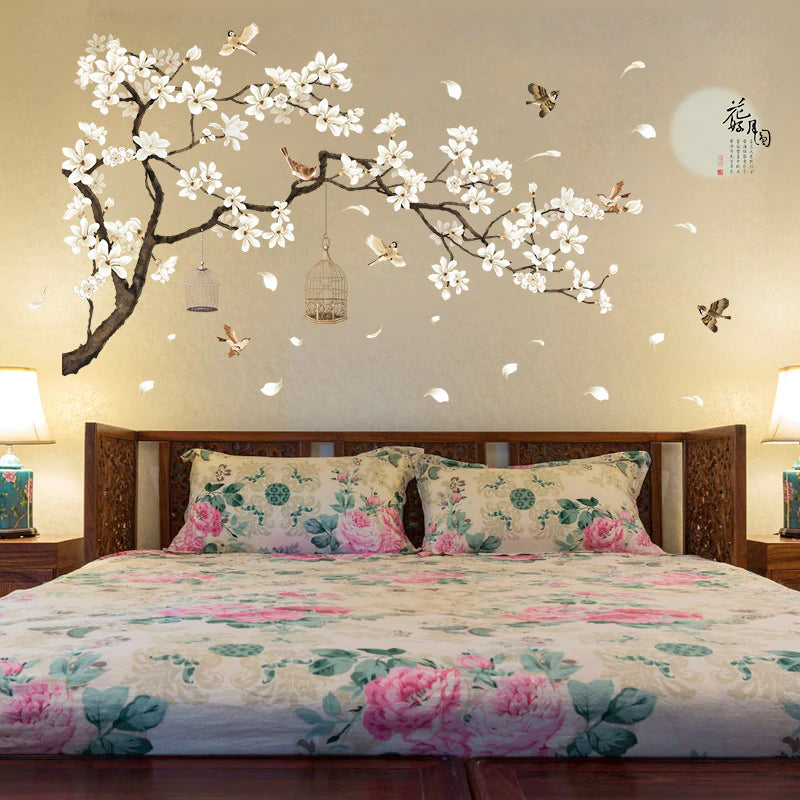 Birds In A Blossom Tree Big Wall Decal For Bedroom Living Room Decor Removable Wall Sticker Cute Nursery Wallpaper Decor 187x128cm