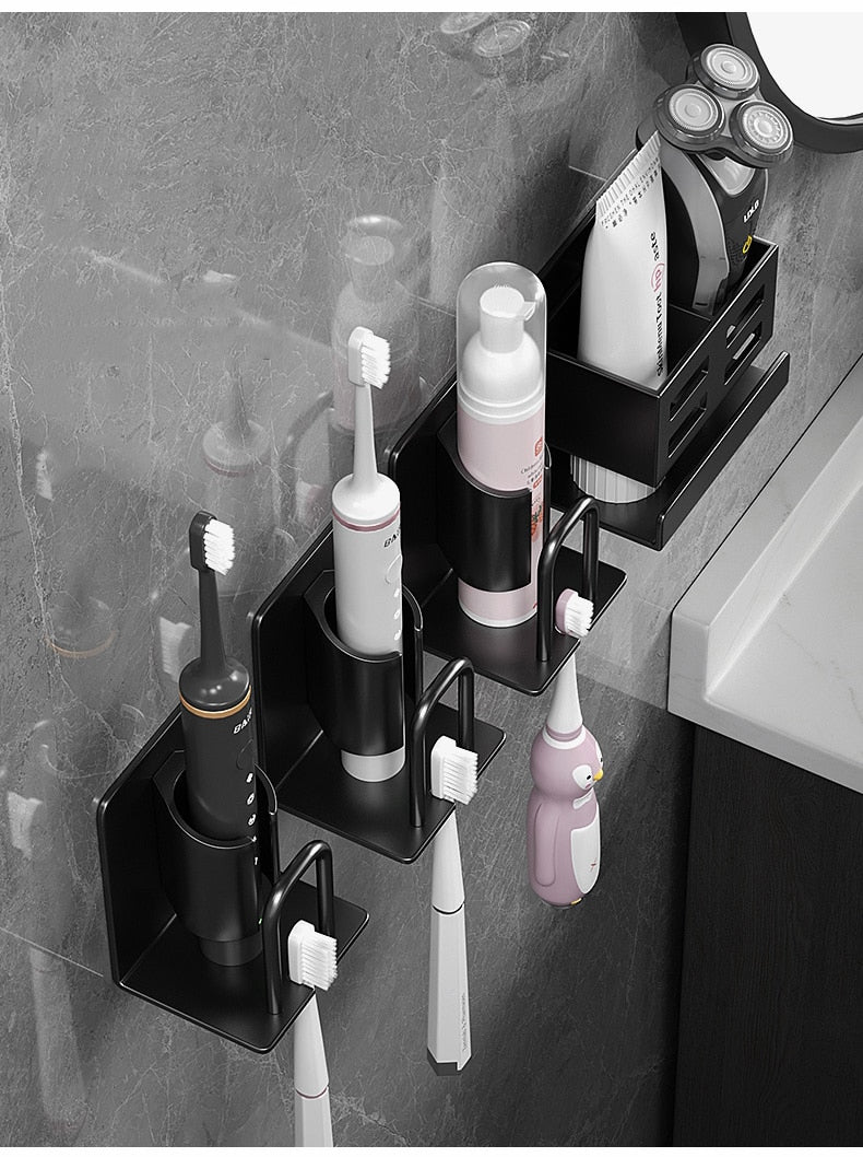 Black Aluminium Toothbrush Holder Grooming Rack For Bathroom Cosmetics Razor Shaver Toothpaste etc Space Saving Washroom Essentials Organizer