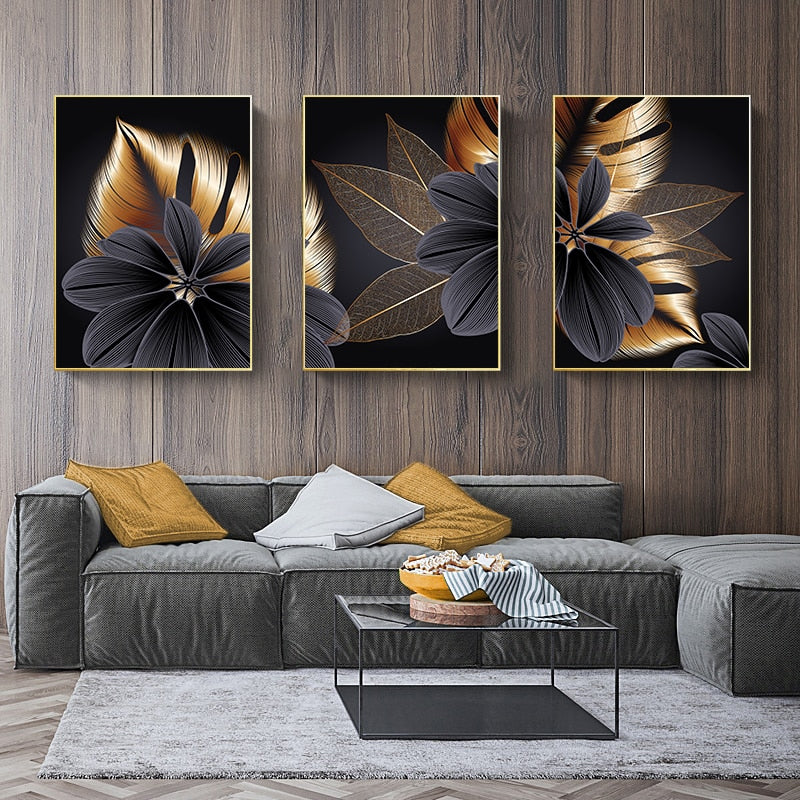 Black Golden Botanic Leaves Wall Art Fine Art Canvas Prints Modern Elegant Pictures For Stylish Living Room Dining Room Home Office Luxury Art Decor