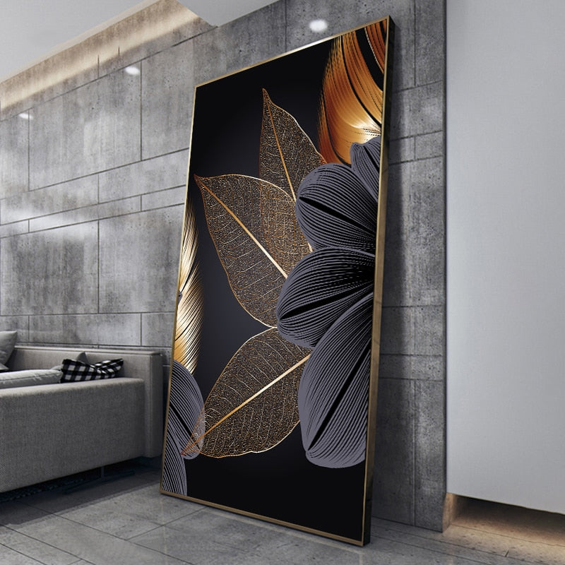 Black Golden Botanic Leaves Wall Art Fine Art Canvas Prints Modern Elegant Pictures For Stylish Living Room Dining Room Home Office Luxury Art Decor