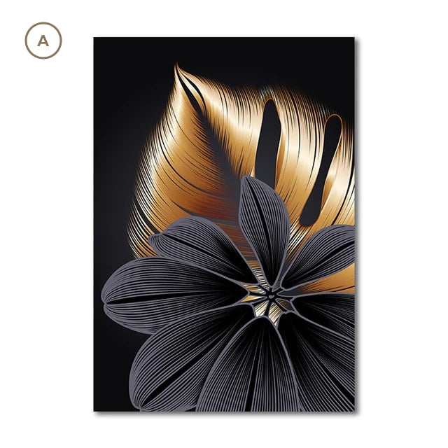 Black Golden Botanic Leaves Wall Art Fine Art Canvas Prints Modern Elegant Pictures For Stylish Living Room Dining Room Home Office Luxury Art Decor