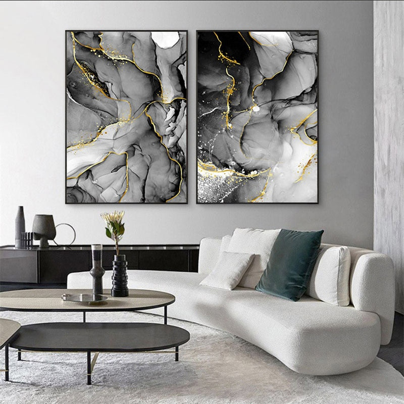 Black White Golden Marble Effect Abstract Wall Art Fine Art Canvas Prints For Modern Apartment Living Room Home Decor