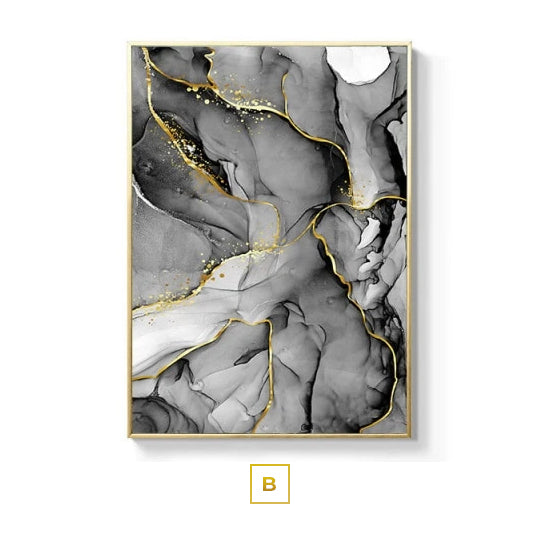 Black White Golden Marble Effect Abstract Wall Art Fine Art Canvas Prints For Modern Apartment Living Room Home Decor