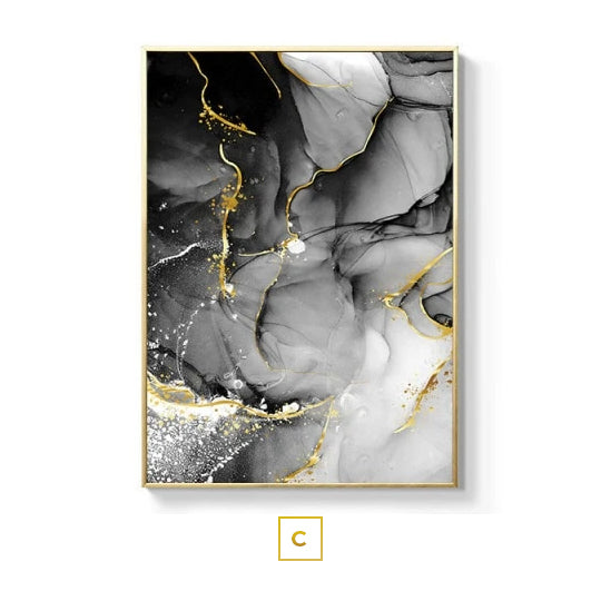 Black White Golden Marble Effect Abstract Wall Art Fine Art Canvas Prints For Modern Apartment Living Room Home Decor