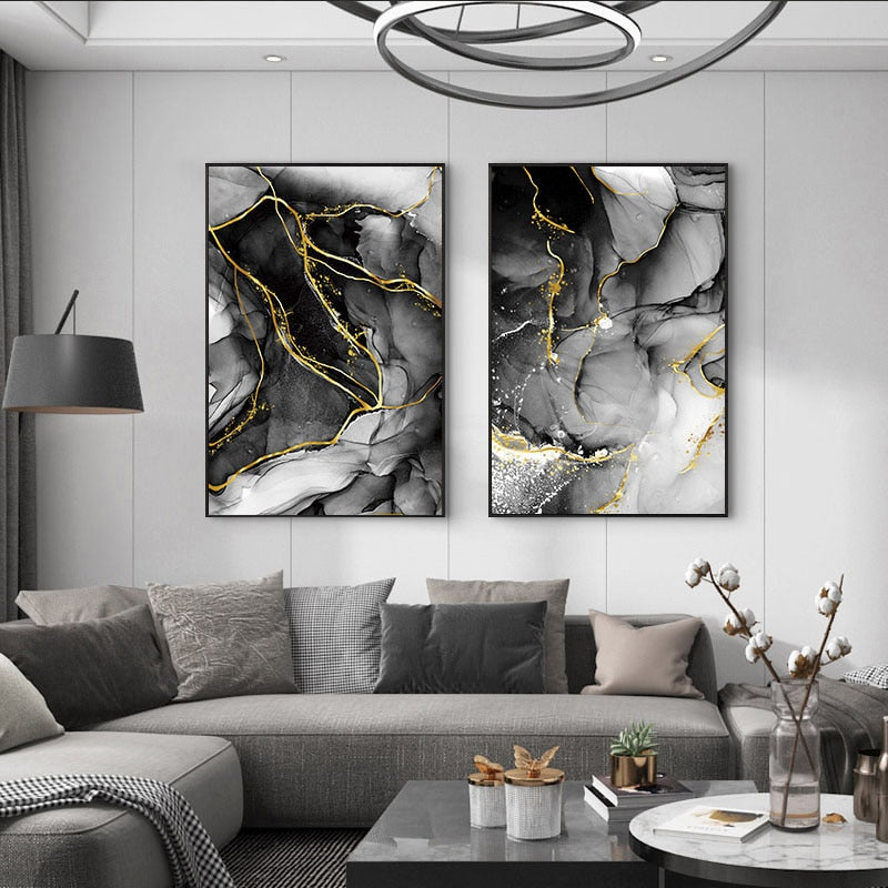 Black White Golden Marble Effect Abstract Wall Art Fine Art Canvas Prints For Modern Apartment Living Room Home Decor