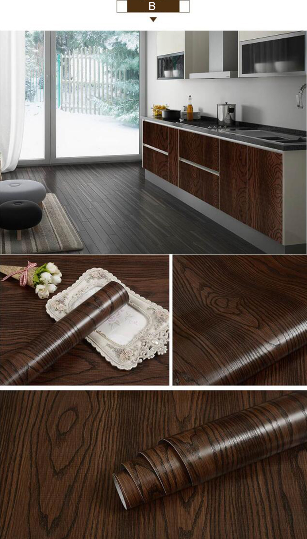 Black Wood Self Adhesive PVC Vinyl Surface Covering Wood Effect Wallpaper Roll Wrap For Covering Furniture Drawers Desktop Worktop Cabinets Wardrobe etc