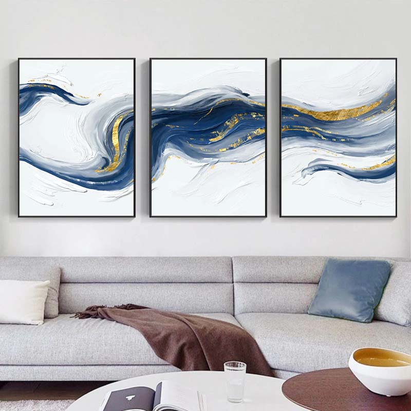 Blue White Golden Ice River Flowing Minimalist Wall Art Fine Art Canvas Prints Abstract Pictures For Above The Sofa Modern Living Room Home Art Decor