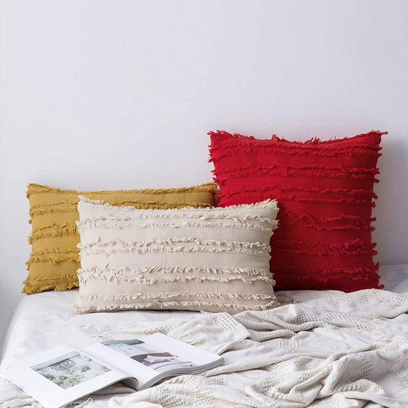 Boho Throw Cushion Cover Neutral Colors Farmhouse Macrame Tassel Cushion Pillow Case Jacquard Cotton Stripe Sofa Cushion Cover Assorted Colors