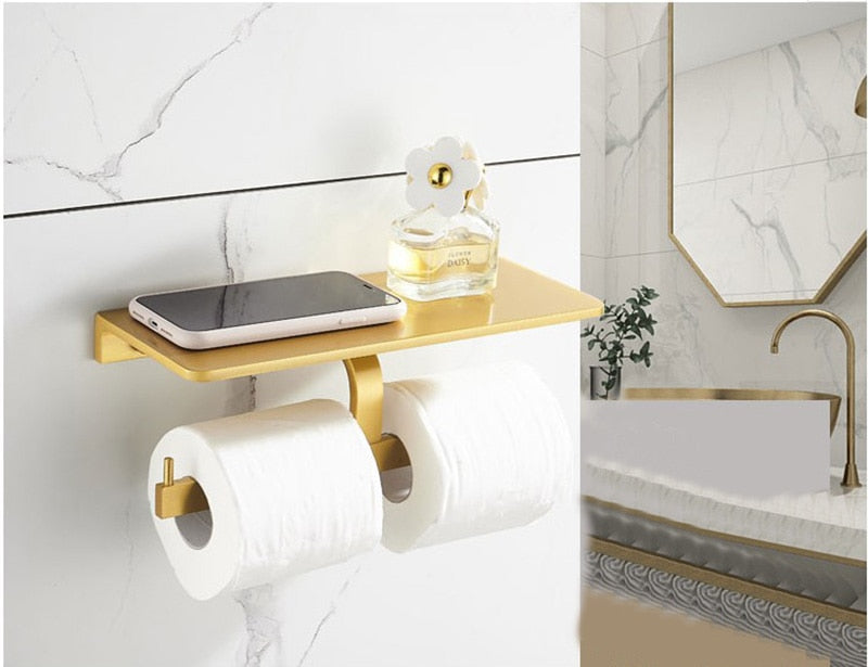 Brushed Gold Bathroom Series Modern Elegant Designer Bathroom Fittings Bathroom Shelf Shower Rack Loo Roll Holder Towel Rack For Washroom Bathroom