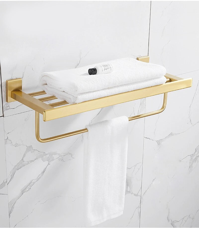 Brushed Gold Bathroom Series Modern Elegant Designer Bathroom Fittings Bathroom Shelf Shower Rack Loo Roll Holder Towel Rack For Washroom Bathroom