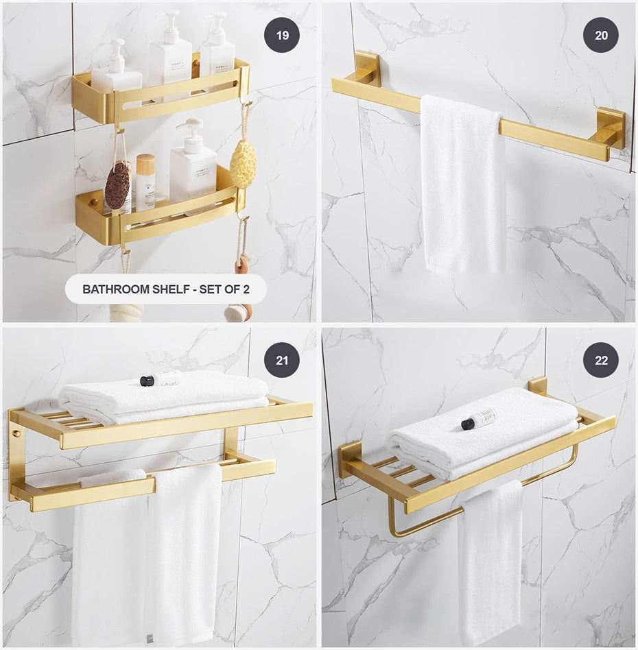 Brushed Gold Bathroom Series Modern Elegant Designer Bathroom Fittings Bathroom Shelf Shower Rack Loo Roll Holder Towel Rack For Washroom Bathroom