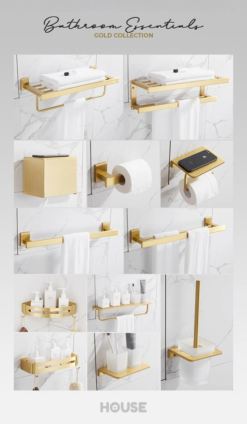 Brushed Gold Bathroom Series Modern Elegant Designer Bathroom Fittings Bathroom Shelf Shower Rack Loo Roll Holder Towel Rack For Washroom Bathroom