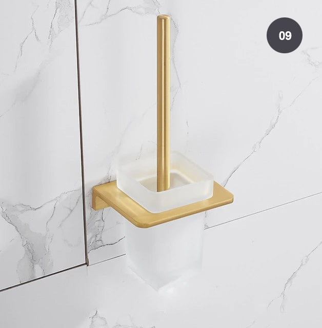 Brushed Gold Bathroom Series Modern Elegant Designer Bathroom Fittings Bathroom Shelf Shower Rack Loo Roll Holder Towel Rack For Washroom Bathroom