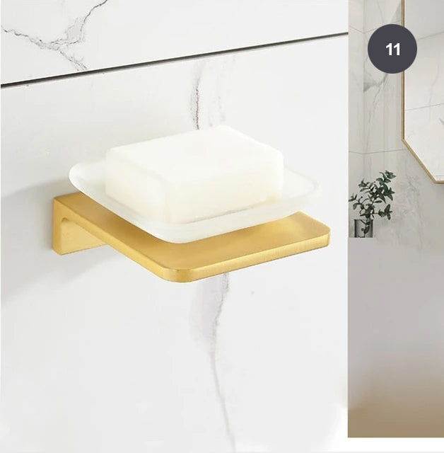 Brushed Gold Bathroom Series Modern Elegant Designer Bathroom Fittings Bathroom Shelf Shower Rack Loo Roll Holder Towel Rack For Washroom Bathroom