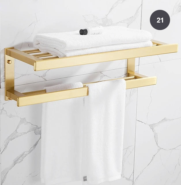 Brushed Gold Bathroom Series Modern Elegant Designer Bathroom Fittings Bathroom Shelf Shower Rack Loo Roll Holder Towel Rack For Washroom Bathroom