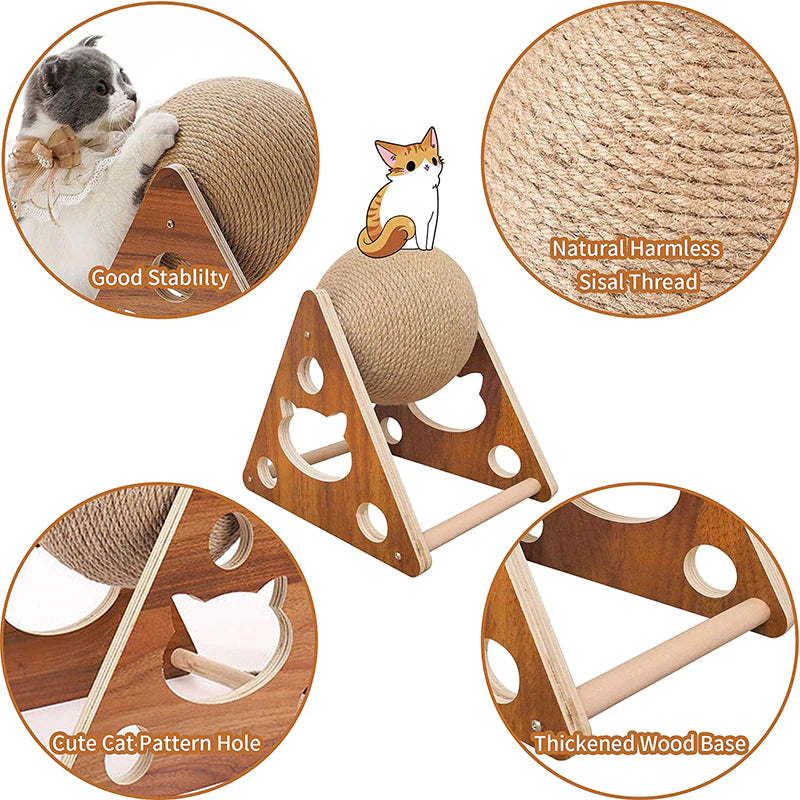 Cat Rope Ball Toy Scratcher For Cats Kittens Interactive Play Device Wooden Framed Ball Rope Gifts For Cats Playtime Amusement Scratching Pastime