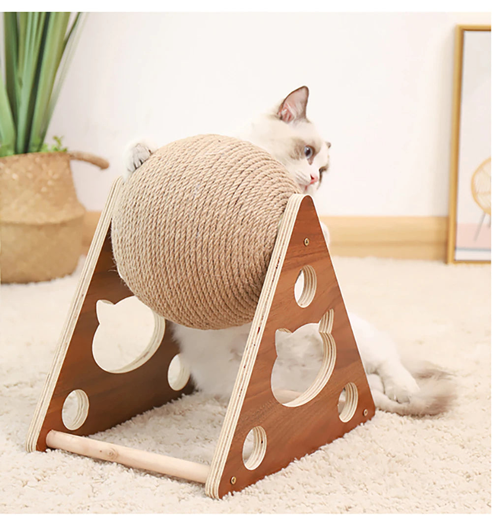 Cat Rope Ball Toy Scratcher For Cats Kittens Interactive Play Device Wooden Framed Ball Rope Gifts For Cats Playtime Amusement Scratching Pastime