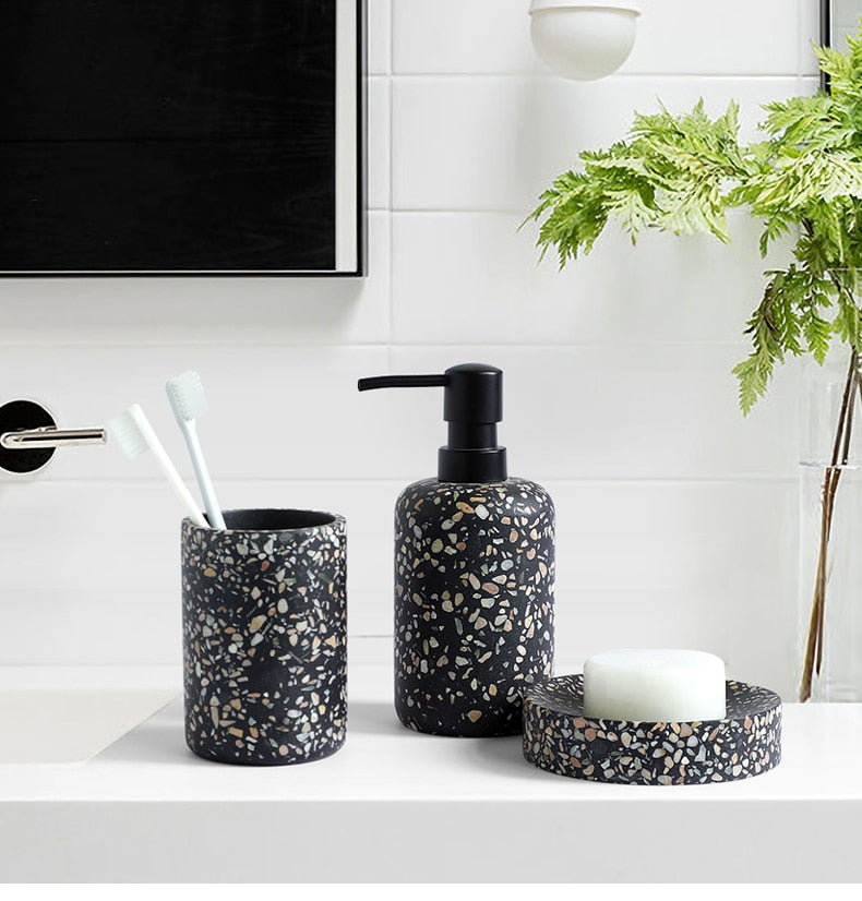 Colorful Black Terrazzo Resin Bathroom Accessories Set Liquid Soap Dispenser Gargle Cup Toothbrush Holder Soap Dish Stylish Essentials Modern Washroom Decor