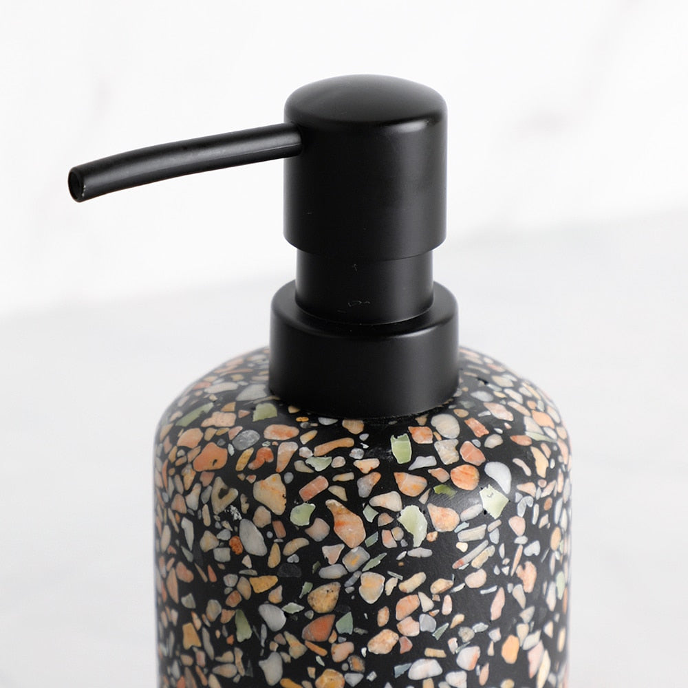 Colorful Black Terrazzo Resin Bathroom Accessories Set Liquid Soap Dispenser Gargle Cup Toothbrush Holder Soap Dish Stylish Essentials Modern Washroom Decor