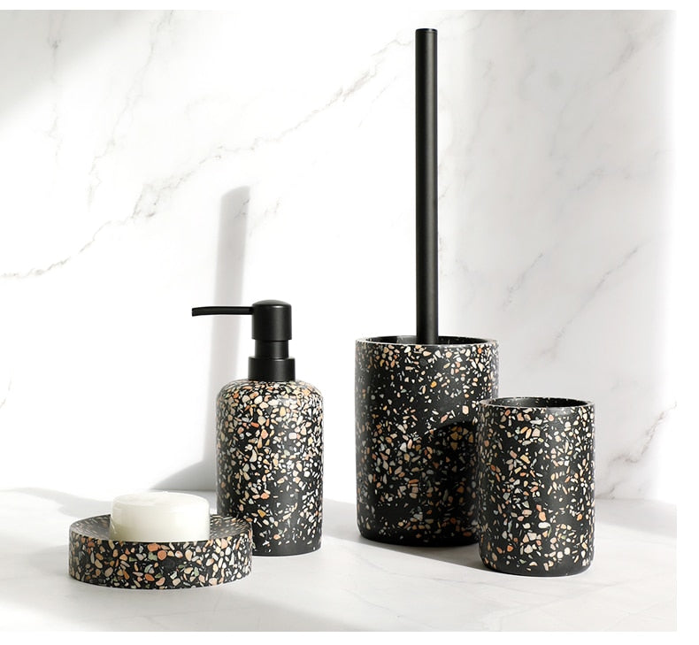 Colorful Black Terrazzo Resin Bathroom Accessories Set Liquid Soap Dispenser Gargle Cup Toothbrush Holder Soap Dish Stylish Essentials Modern Washroom Decor