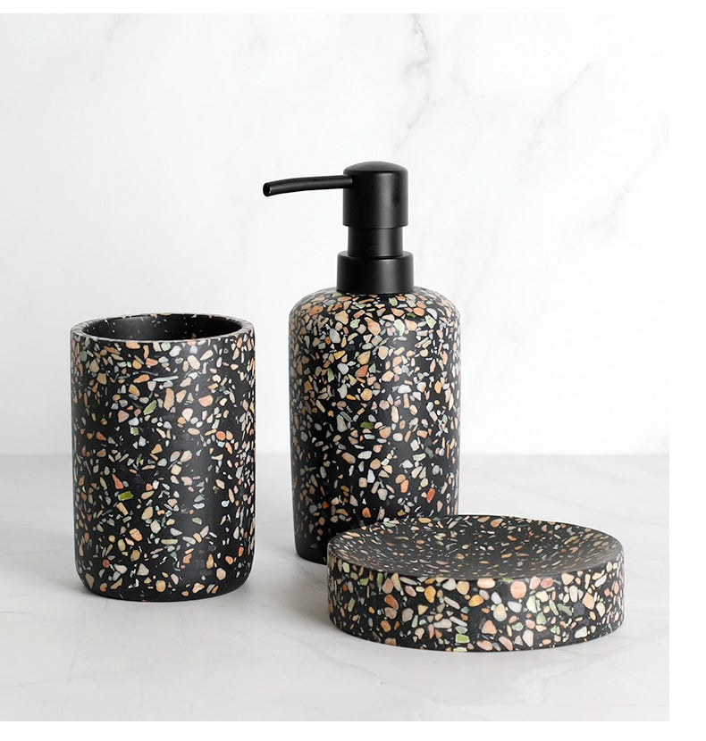 Colorful Black Terrazzo Resin Bathroom Accessories Set Liquid Soap Dispenser Gargle Cup Toothbrush Holder Soap Dish Stylish Essentials Modern Washroom Decor