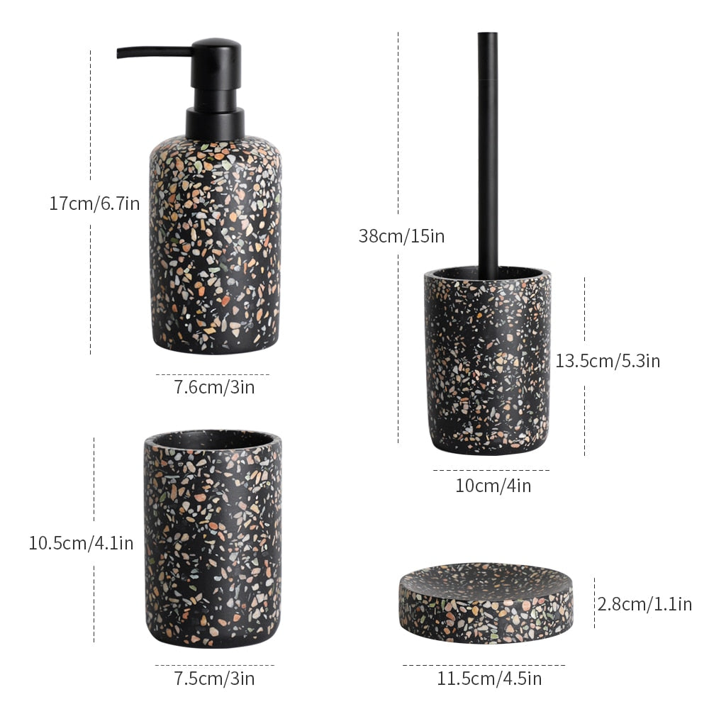 Colorful Black Terrazzo Resin Bathroom Accessories Set Liquid Soap Dispenser Gargle Cup Toothbrush Holder Soap Dish Stylish Essentials Modern Washroom Decor