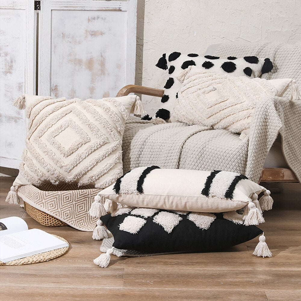 Cotton Linen Tassel Boho Cushion Cover Modern Neutral Color Pillow Cases Covers For Sofa Throw Cushions Bohemian Living Room Cushion Covers 45x45cm