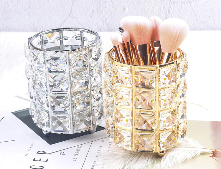 Crystal Beads Bling Makeup Storage Pot Cosmetics Organizer Jewelry Box Gold Or Silver Metal With Crystal Beads Glam Bedroom Decor