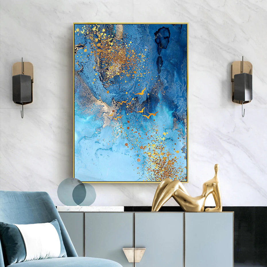 Deep Blue Marble Golden Sea Scandinavian Wall Art Fine Art Canvas Prints Contemporary Picture For Living Room Bedroom Nordic Home Decor