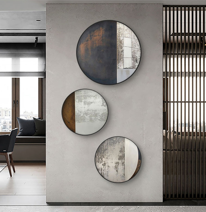 Dark Rustic Industrial Style Round Format Wall Art Fine Art Canvas Prints Neutral Colors Abstract Pictures For Contemporary Urban Loft Home Office Interior Decor