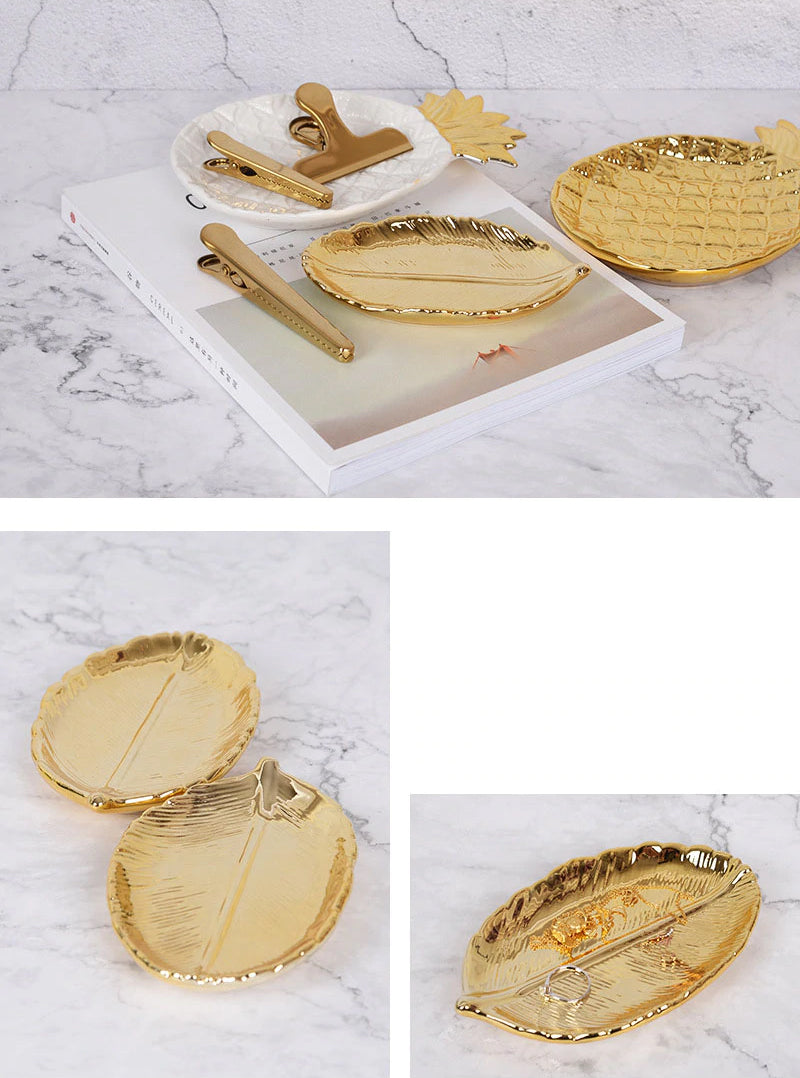 Decorative Golden Porcelain Dish Ceramic Serving Tray For Fruits Desserts Snacks Nordic Style Tableware Luxury Gold Jewelry Tray