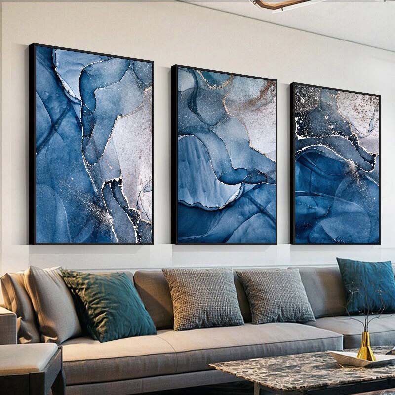 Deep Blue Liquid Marble Print Abstract Wall Art Fine Art Canvas Prints Modern Pictures For Living Room Dining Room Home Office Interior Decor